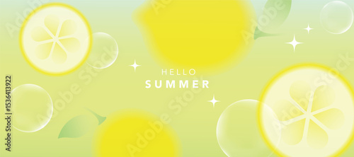 Summer season gradient fruit art background vector. Modern wallpaper design with lemon, bubble. Illustration design for social media, print, cover, banner, backdrop, packaging, ads.