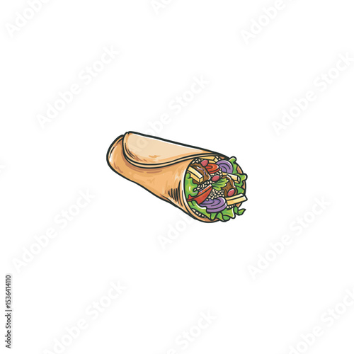 Delicious shawarma wrap illustration with fresh ingredients and detailed drawing style