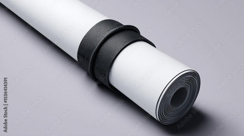 Fototapeta premium Rolled White Yoga Mat with Black Strap on Gray Surface