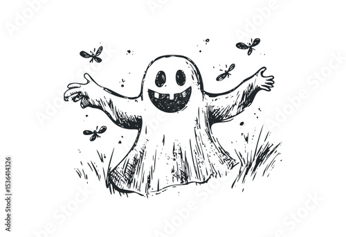 Happy ghost with bugs flying around in cartoon style. Vector retro hand drawn illustration