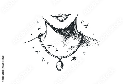Artistic sketch of necklace on female with pendant. Vector retro hand drawn illustration