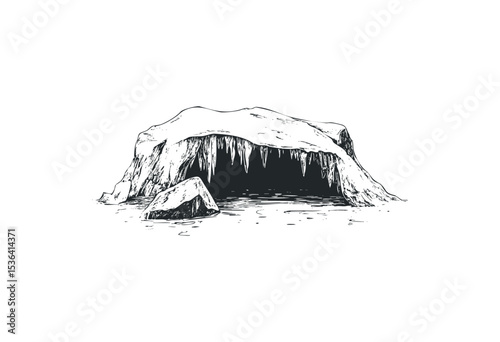 Detailed ink drawing of a natural cave with stalactites. Vector retro hand drawn illustration