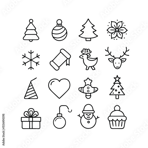 Outlined Christmas Icons Festive Holiday Symbols and Decorations