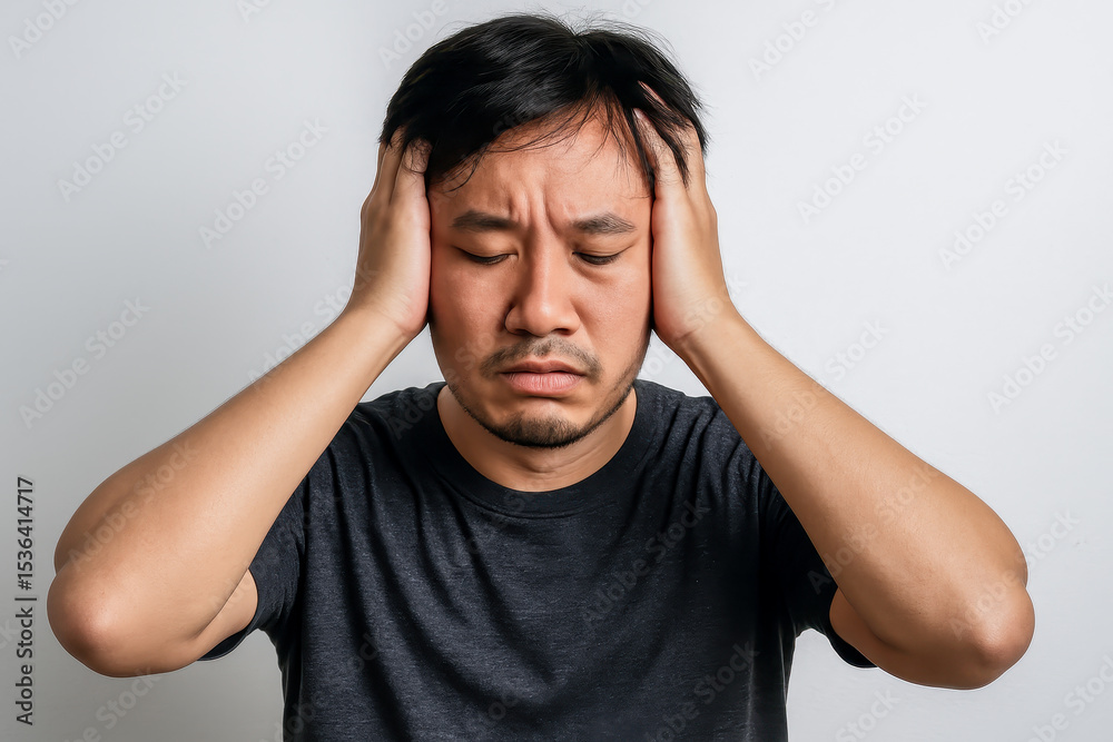 Fototapeta premium Young man pressing palms against temples frowning with closed eyes showing strong discomfort headache symptom against smooth neutral backdrop
