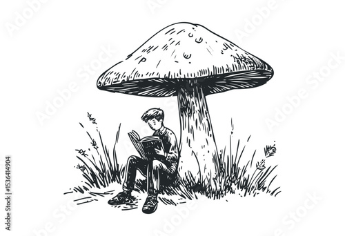 Young caucasian male sitting under large mushroom reading a book. Vector retro hand drawn illustration