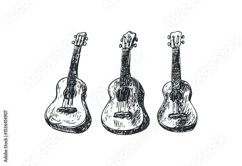 Hand-drawn sketch of three acoustic guitars in stylized line art. Vector retro hand drawn illustration