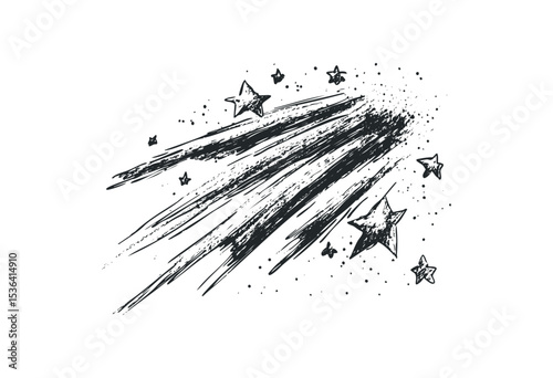 Sketch of shooting stars with dynamic trailing lines and sparkling effects. Vector retro hand drawn illustration