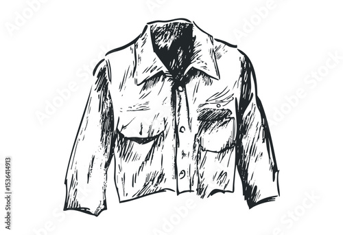 Hand-drawn sketch of denim jacket featuring five front buttons and detailed stitching. Vector retro hand drawn illustration