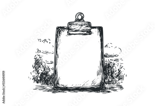 Hand-drawn clipboard sketch with blank paper in detailed vintage style. Vector retro hand drawn illustration