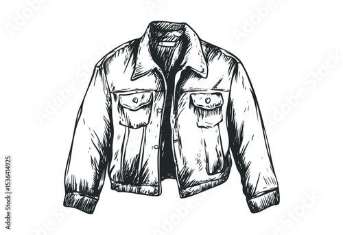 Hand-drawn denim jacket illustration with front pockets and collar. Vector retro hand drawn illustration