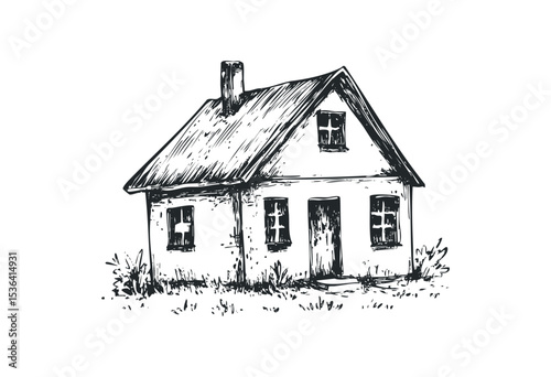 Charming cottage sketch with chimney and bushes. Vector retro hand drawn illustration