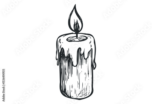 Hand-drawn candle with melting wax and flame in detailed sketch. Vector retro hand drawn illustration