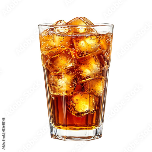 Glass of sparkling iced tea with ice cubes