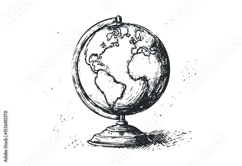 Vintage hand-drawn globe illustration with detailed continents. Vector retro hand drawn illustration