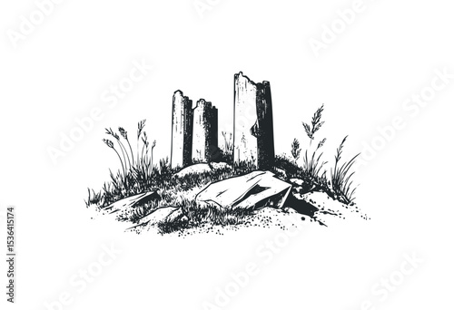 Ancient ruins with stone pillars and grass in nature scene. Vector retro hand drawn illustration
