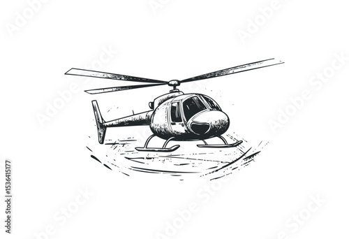 Vintage helicopter sketch with detailed rotor blades and fuselage design. Vector retro hand drawn illustration