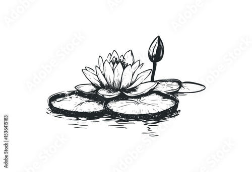 Hand-drawn water lily bloom with bud on pond. Vector retro hand drawn illustration