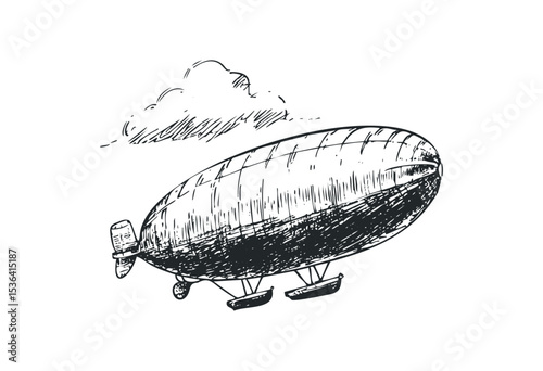 Detailed ink drawing of a vintage dirigible with clouds in the sky. Vector retro hand drawn illustration