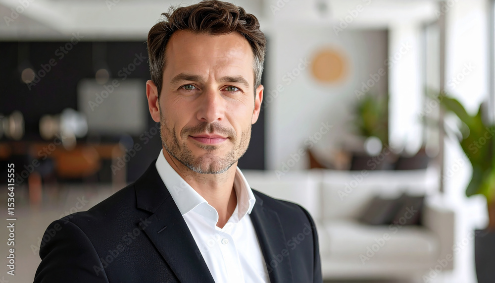 Fototapeta premium Confident Executive: A portrait of a sophisticated male executive, exudes confidence and authority within a contemporary and stylish interior setting.
