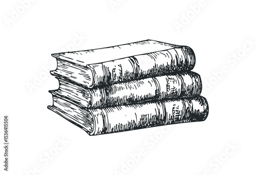 Stack of three vintage books with detailed engravings. Vector retro hand drawn illustration