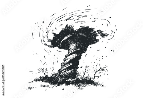 Hand-drawn tornado with swirling winds and debris in dynamic sketch style. Vector retro hand drawn illustration