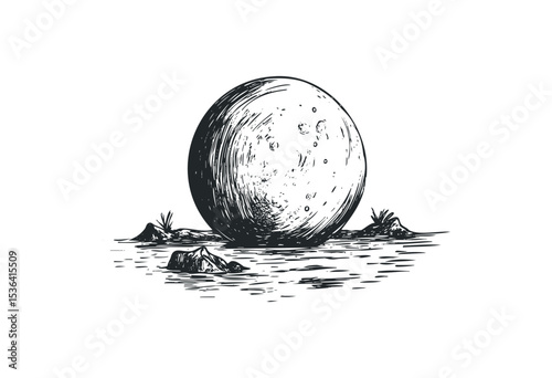 Moon resting on calm water with rocky island and plant detail. Vector retro hand drawn illustration