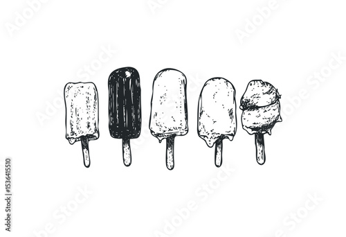 Variety of hand-drawn ice cream popsicles in sketch style. Vector retro hand drawn illustration