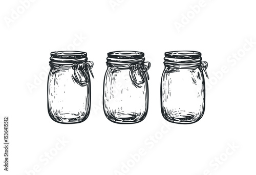 Set of three hand-drawn glass jars with rustic lids for storage. Vector retro hand drawn illustration