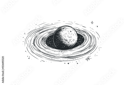 Monochrome saturn-like planet sketch with rings and stars. Vector retro hand drawn illustration