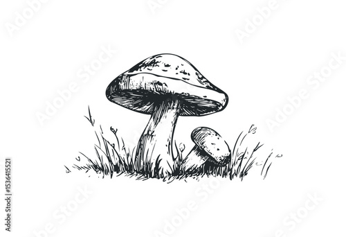 Detailed sketch of two mushrooms with grass elements. Vector retro hand drawn illustration