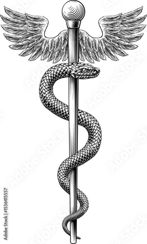 Rod of Asclepius staff medical symbol. Snake around rod or wooden staff. Often mistakenly called Caduceus. Doctor medicine and health care icon. Vintage woodcut etching style. Also features wings.