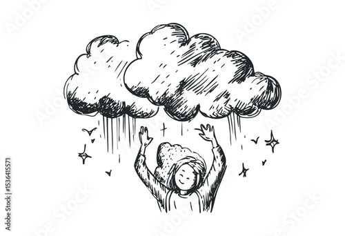 Child in hooded outfit interacting with rain clouds and stars in artistic sketch. Vector retro hand drawn illustration