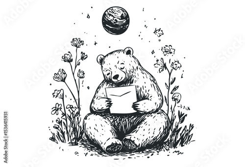 Charming bear reading letter in natural setting under planet illustration. Vector retro hand drawn illustration