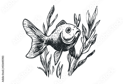 Hand-drawn fish and seaweed illustration with detailed linework. Vector retro hand drawn illustration