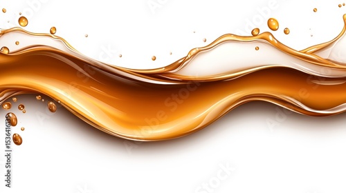 A fluid, glossy wave of caramel-colored liquid flows across a clean, white background, ideal for food, dessert, or beverage packaging designs and promotions highlighting sweetness and indulgence,