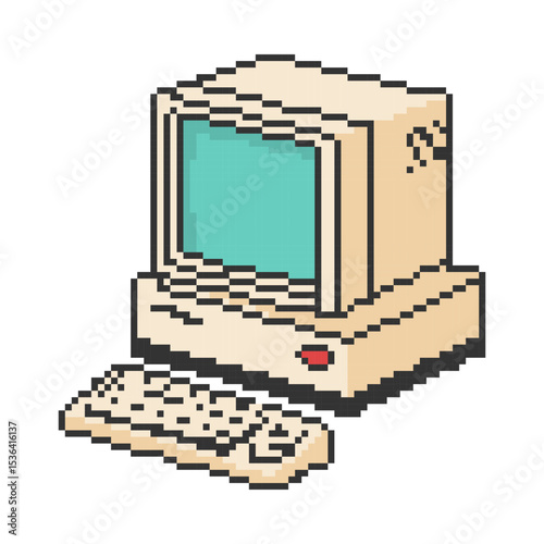 Old computer icon. Pixel art object in 8 bit style. Retro 80s,90s video game graphics.