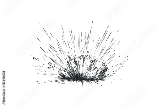 Hand-drawn explosion illustration with dynamic lines and energetic burst effect. Vector retro hand drawn illustration