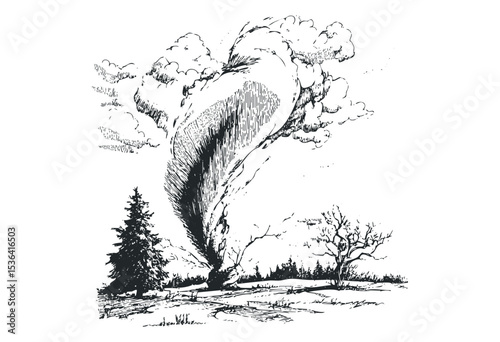 Dynamic tornado twisting amidst wilderness landscape sketch. Vector retro hand drawn illustration