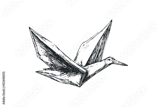 Intricate origami crane drawing sketch in monochrome. Vector retro hand drawn illustration