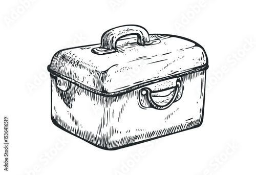 Hand-drawn sketch of a vintage metal tool box with handle. Vector retro hand drawn illustration