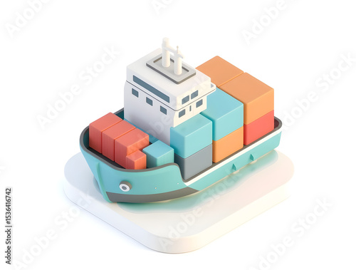 Cargo ship carrying colorful containers on white background, shipping and logistics concept