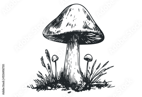 Detailed black and white illustration of wild mushrooms with grass. Vector retro hand drawn illustration