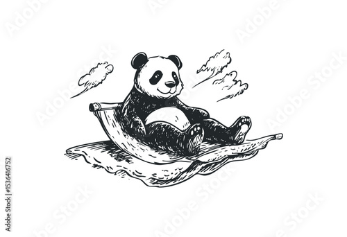Illustration of a relaxed panda bear sitting on a magic carpet. Vector retro hand drawn illustration