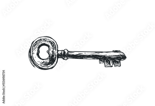 Vintage hand-drawn skeleton key with heart-shaped bow design. Vector retro hand drawn illustration