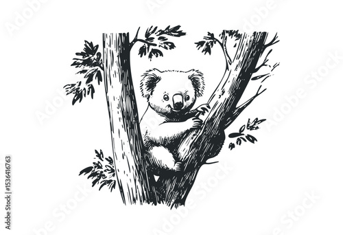 Illustrated koala climbing tree with detailed branches and leaves. Vector retro hand drawn illustration