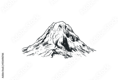 Detailed sketch of a mountain peak in black and white. Vector retro hand drawn illustration