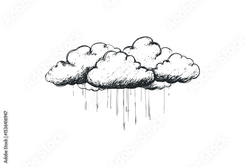 Sketch of clouds with rain droplets falling downward. Vector retro hand drawn illustration