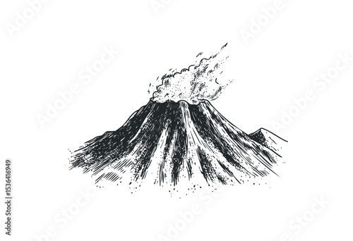Detailed engraving of volcanic eruption with smoke and ash. Vector retro hand drawn illustration