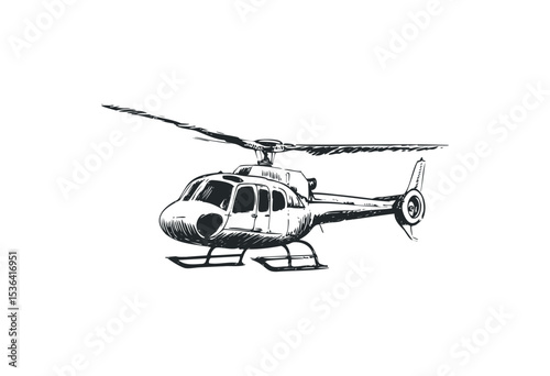 Detailed illustration of helicopter with rotating blades. Vector retro hand drawn illustration