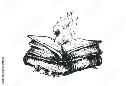 Ancient magical tome with mystic flames and floating butterflies. Vector retro hand drawn illustration